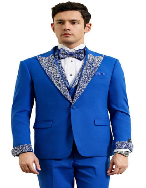 Royal and White Prom Tuxedo - Perfect Wedding Suit Vested rhinestone Lapelled