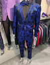 Men’s Royal Blue and Black Floral Tuxedo Suit – Slim Fit 2 Piece Formal Outfit with Matching Bow Tie