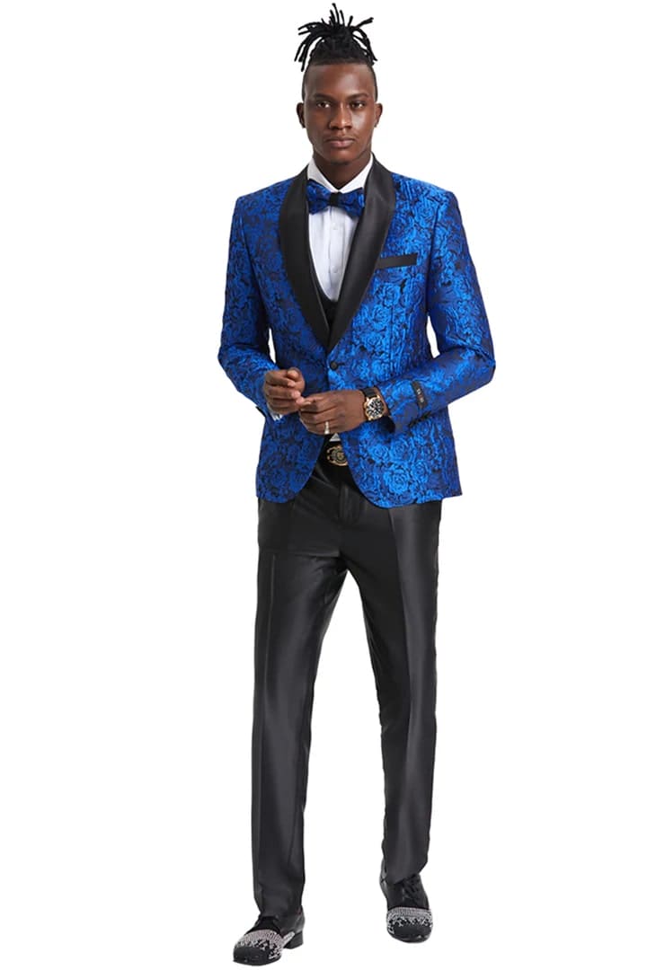 Men's One Button Slim Fit Shiny Paisley Royal Blue Prom Tuxedo