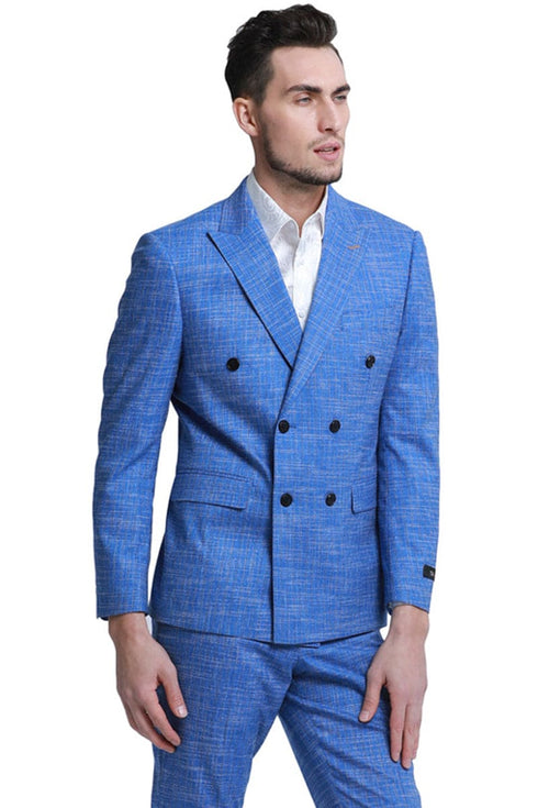 "Men's Slim Fit Sharkskin Suit - Double Breasted French Blue Summer"