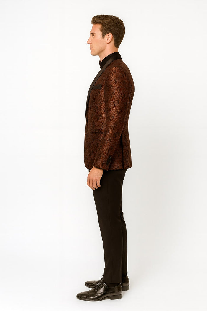 Rust copper brick tuxedo jacket with paisley pattern, black shawl collar, and pocket. Paired with black pants and matching bowtie for a formal look.
