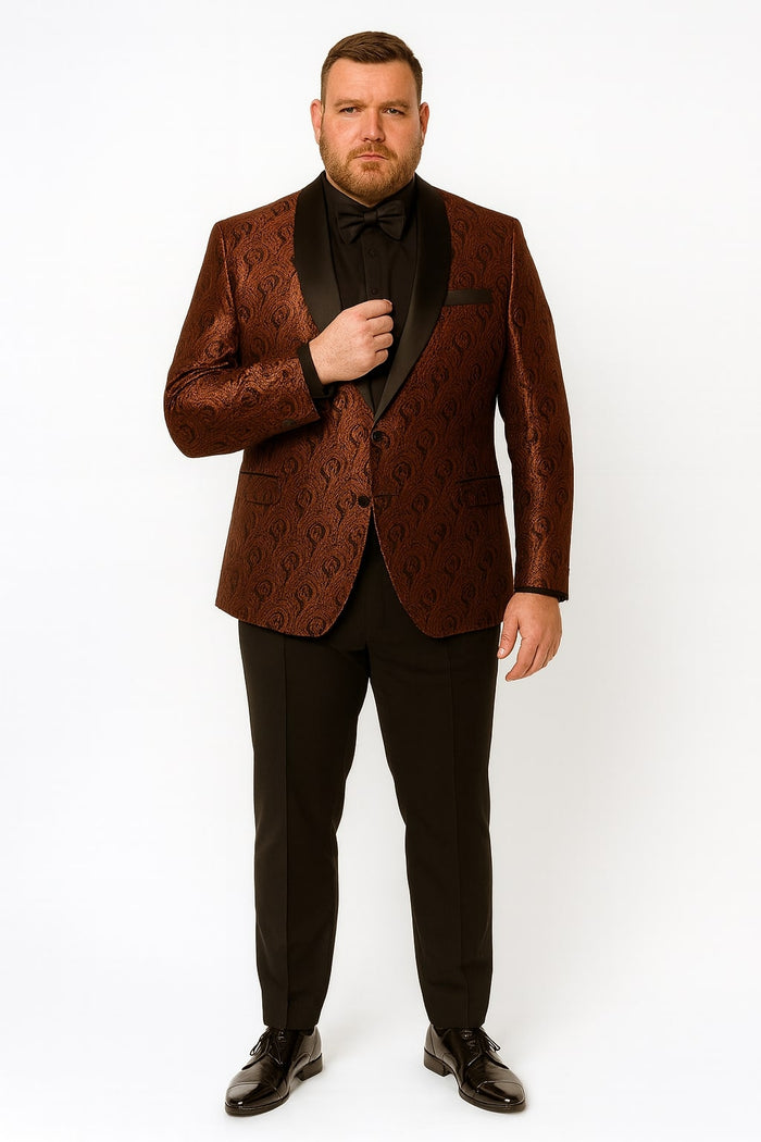 Rust copper paisley tuxedo jacket with satin details, paired with black pants and a matching bowtie. Structured fit.
