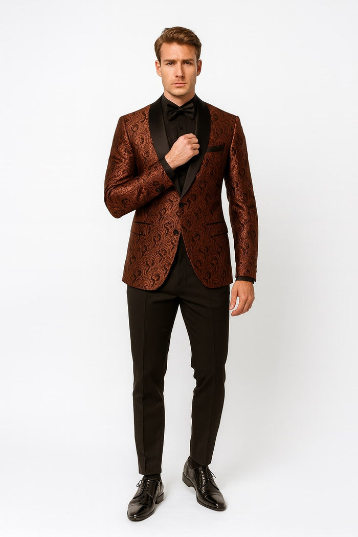 Men's tuxedo jacket: rust copper brick paisley, textured fabric. Paired with black pants and a matching bowtie for a stylish formal look.
