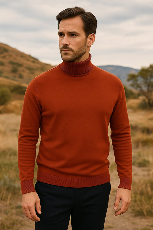 Mens Rust Red Turtleneck Sweater â€“ Slim fit Lightweight Knit Pullover in Brick Color