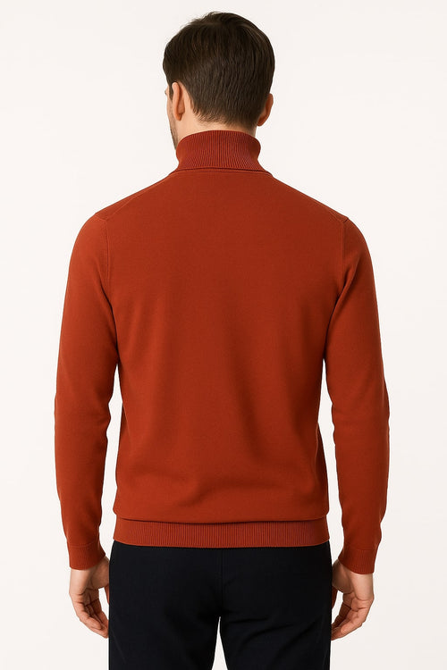 Mens Rust Red Turtleneck Sweater â€“ Slim fit Lightweight Knit Pullover in Brick Color