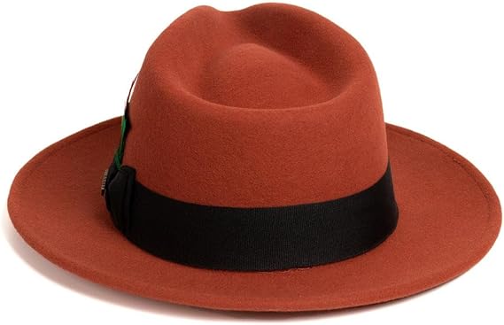 Gangster 100% Australian Wool Crushable Mens Fedora Hat - Removable Feather Gangster  Rust Mens Fedora Hat