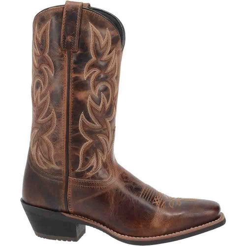 Laredo Breakout rust brown leather western boots. Tall design with pointed toe, raised heel, and intricate side stitching. Decorative embroidery on the upper. Durable rubber sole with a structured heel.
