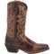 Laredo Breakout rust brown leather western boots. Tall design with pointed toe, raised heel, and intricate side stitching. Decorative embroidery on the upper. Durable rubber sole with a structured heel.
