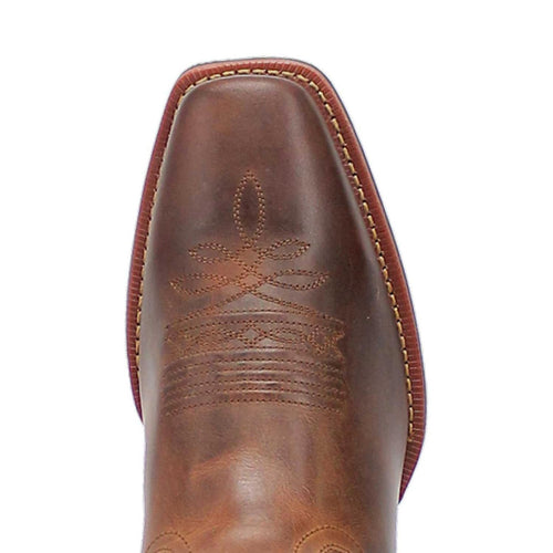 Laredo Kent 12" shaft boot in rust olive leather. Square toe with decorative stitching and patterns on the toe area.