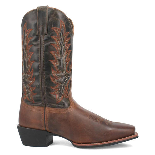 Laredo Kent 12" rust olive cowboy boot. Brown leather upper with olive accents & leaf stitching. Square toe, stacked heel, pull tab. Contrasting textures on shaft and vamp.