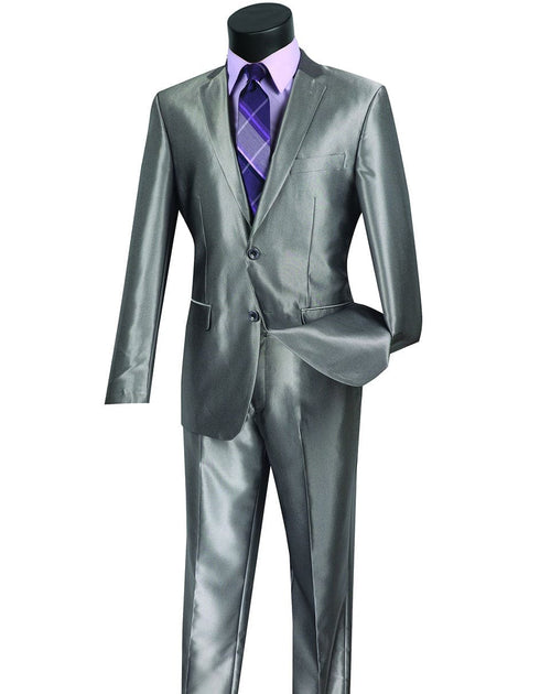 Mens Shiny Mens Modern Fit Shiny Sharkskin Suit in Silver Grey