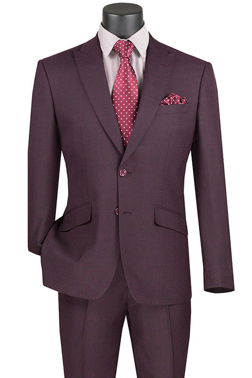 Slim Fit 2 Piece Suit Burgundy Glen Plaid Pattern Matching Pants