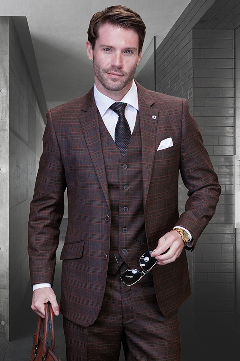 Men's modern fit copper plaid wool suit. Includes a fitted blazer, matching vest, and trousers. Features a notch lapel, 5-button vest, straight leg trousers, and a contrasting plaid pattern.