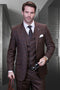Men's modern fit copper plaid wool suit. Includes a fitted blazer, matching vest, and trousers. Features a notch lapel, 5-button vest, straight leg trousers, and a contrasting plaid pattern.