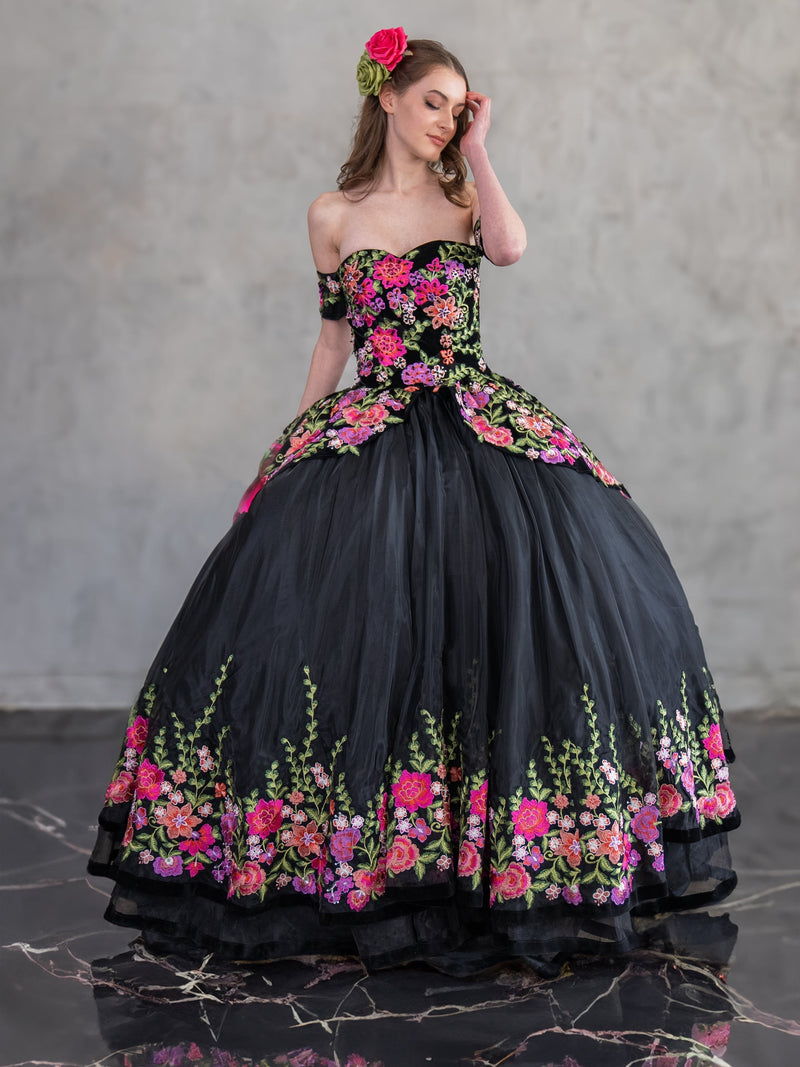 Black Floral Charro Quinceanera Dress Off-Shoulder Ball Gown by Calla SCL30016