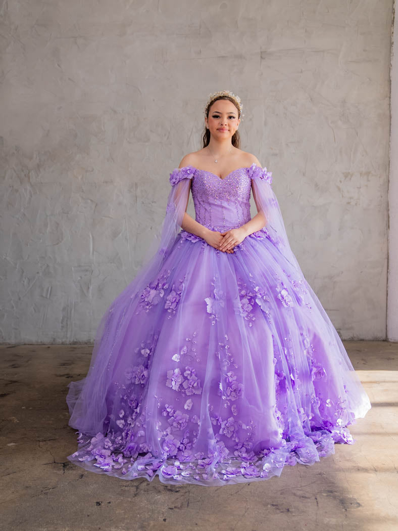 Floral Quinceanera Dress Off-Shoulder Cape Sleeve Ball Gown by Calla SCL-30007