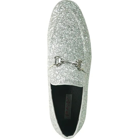 Mens Modern Glitter Sequin Prom Tuxedo Buckle Loafer In Silver Grey