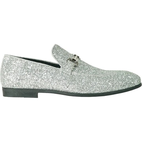 Mens Modern Glitter Sequin Prom Tuxedo Buckle Loafer In Silver Grey