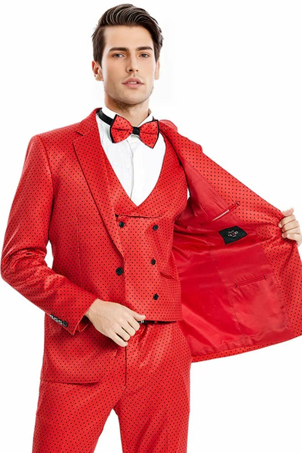 "Men's Red & Black Mini Polka Dot One Button Prom 2025 Suit"