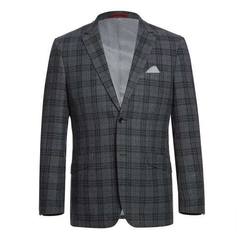 Mens Plaid Suit - Patterned Business Suit - Mens Two Button Slim Fit Two Piece Hack Pocket Suit In Charcoal Grey Windowpane Plaid