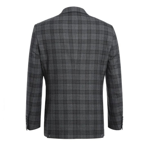 Mens Plaid Suit - Patterned Business Suit - Mens Two Button Slim Fit Two Piece Hack Pocket Suit In Charcoal Grey Windowpane Plaid