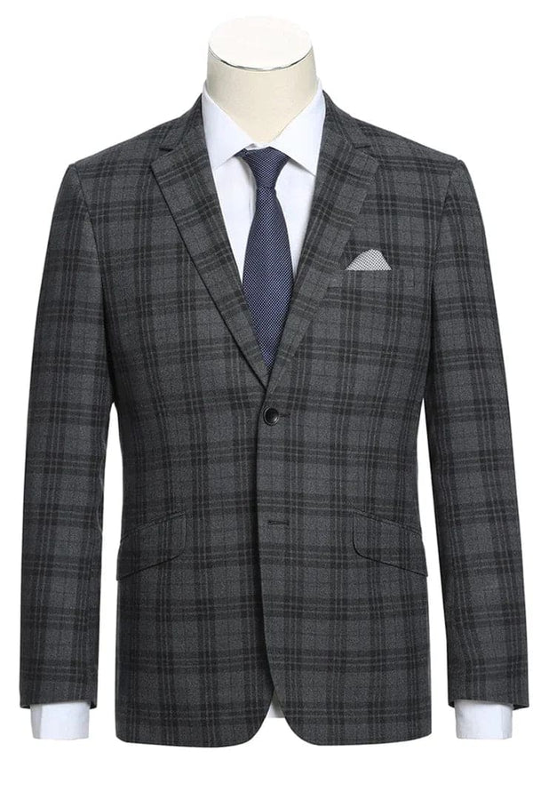 Mens Plaid Suit - Patterned Business Suit - Mens Two Button Slim Fit Two Piece Hack Pocket Suit In Charcoal Grey Windowpane Plaid