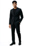Stacy Adams men's black slim fit suit, perfect for weddings or business. Single-breasted jacket with notched lapels and slim-fit, flat-front trousers. Smooth, sleek material. Includes a fitted black crew-neck undershirt. Formal silhouette.
