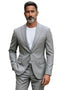 Light grey Stacy Adams slim fit men's suit, perfect for weddings or business. Features a tailored jacket with a two-button closure, notched lapel, and front pockets. Straight-leg pants complete the uniform, pattern-free look. Lightweight fabric.
