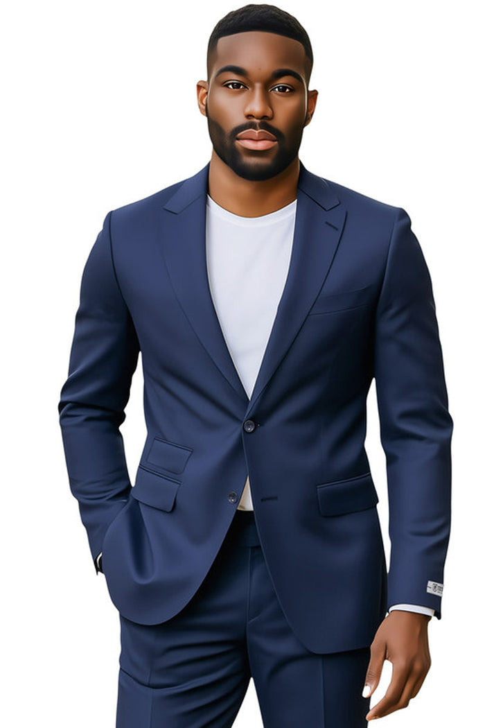 Navy blue Stacy Adams slim fit suit. Single-breasted jacket with notch lapels and two pockets. Matching trousers. Smooth fabric, tailored for weddings/business.

