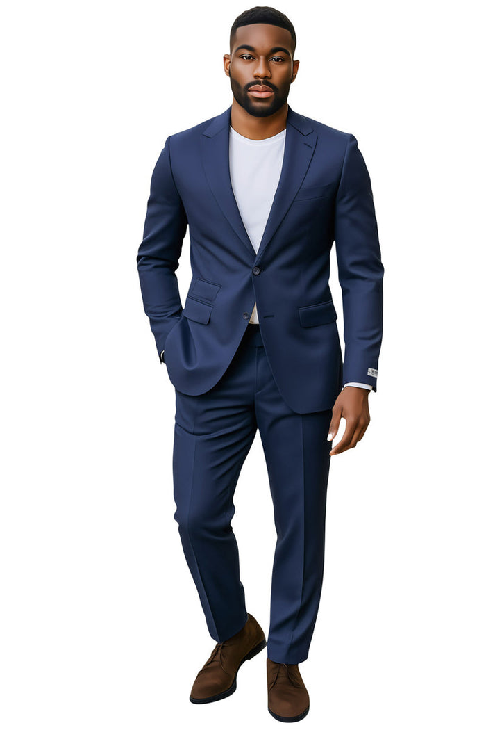 Stacy Adams men's navy blue slim fit suit. Tailored blazer (single-button, flap pockets) & flat-front pants. Lightweight, structured fabric. Ideal for weddings/business. Offers a sleek silhouette.
