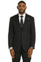 Stacy Adams men's modern fit vested suit in black with tonal shadow pinstripes. Jacket: notched lapel, single-button closure. Vest matches. Trousers: straight leg. Sleek, modern design.
