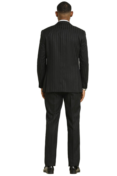 Men's Stacy Adams modern fit suit in black with tonal shadow pinstripes. Tailored jacket, fitted silhouette, matching trousers, and vest for a polished, unified look. Smooth fabric with subtle sheen.

