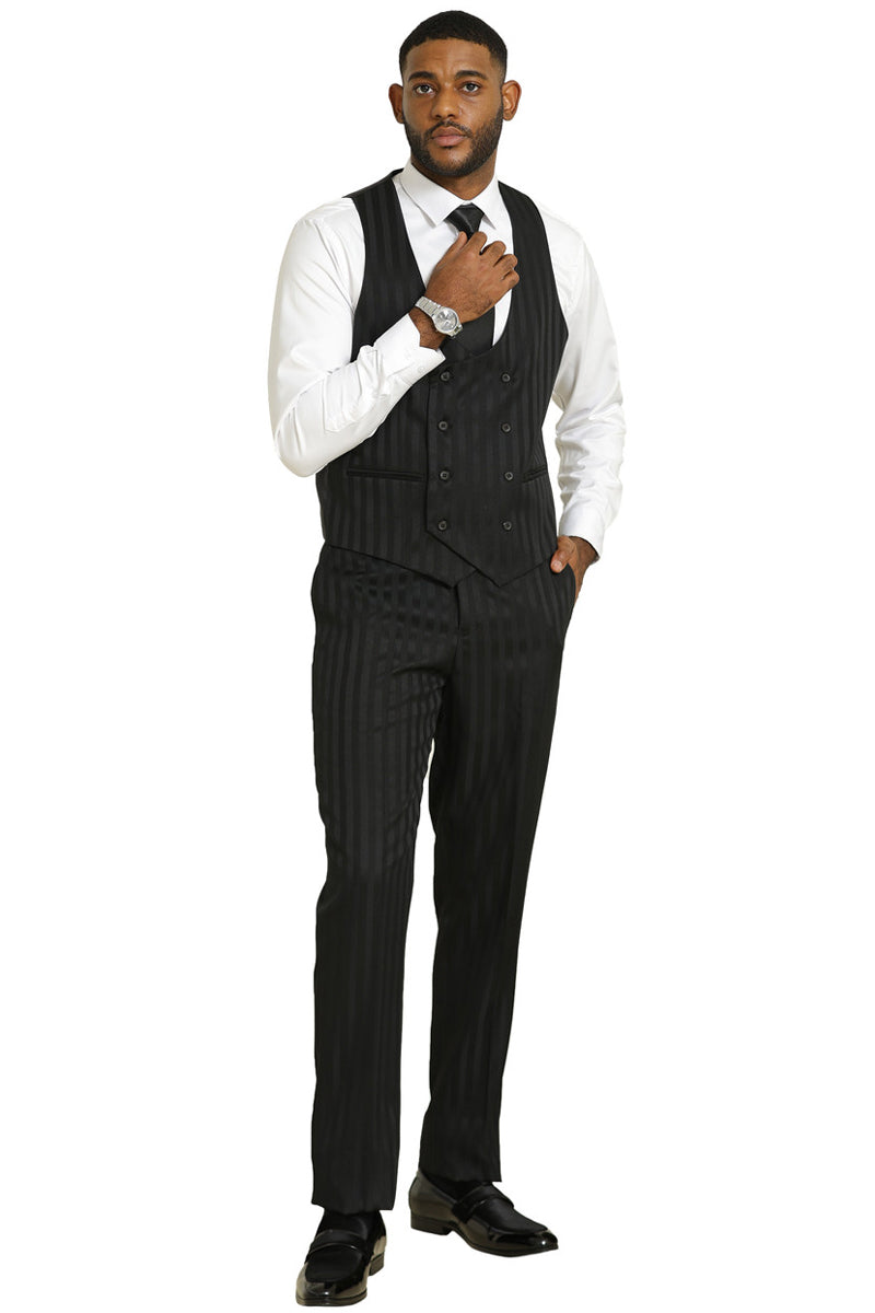 Men's modern fit Stacy Adams suit in black tonal shadow pinstripe. Includes vest, waistcoat, and flat-front trousers. Smooth fabric with sheen. Formal look with white shirt and black tie.
