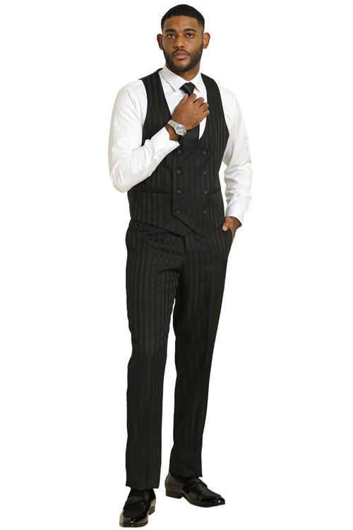 Men's Stacy Adams Modern Fit Vested Suit in Black Tonal Shadow Pinstripe