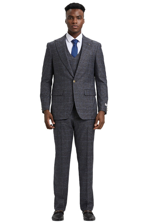 Men's Stacy Adam's One Button Vested Peak Lapel Business Suit in Charcoal Grey Plaid