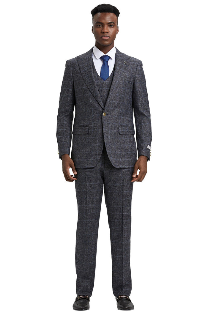 Stacy Adams men's suit: charcoal grey plaid, tailored fit. One-button peak lapel jacket & matching vest. Textured fabric with straight-leg trousers, creating a cohesive checked pattern.
