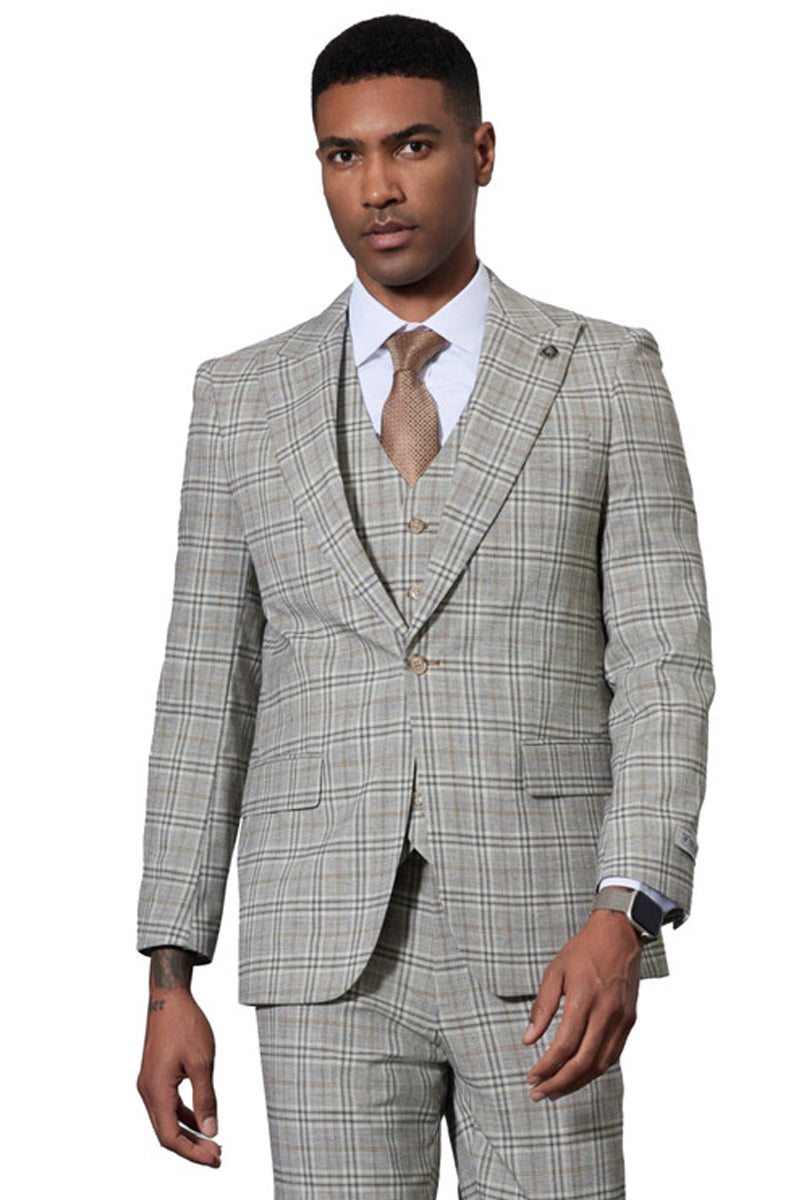 Men's Stacy Adams glen plaid suit. Grey fabric with multi-colored plaid. Fitted, one-button jacket with peak lapel, notch lapel and a three-button vest.

