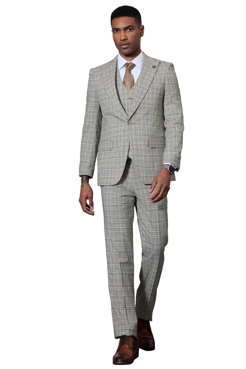 Men's Stacy Adams grey glen plaid suit with vest. Tailored fit, single-button, peak lapels. Includes matching slim-fit trousers. Smooth, woven fabric. Cohesive design, structured lines.
