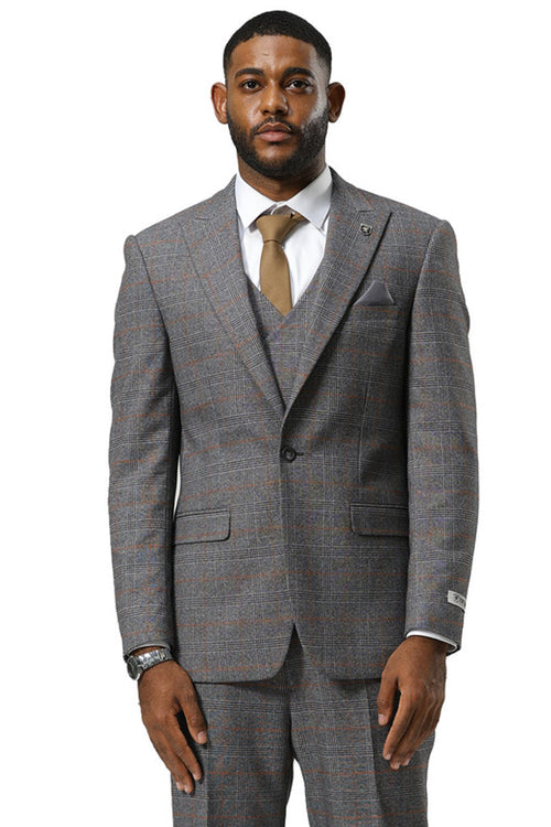 Stacy Adams men's grey glen plaid suit with peak lapels. Includes a double-breasted vest. Fabric has subtle orange & blue lines. Tailored jacket, structured fit, and flap pockets.

