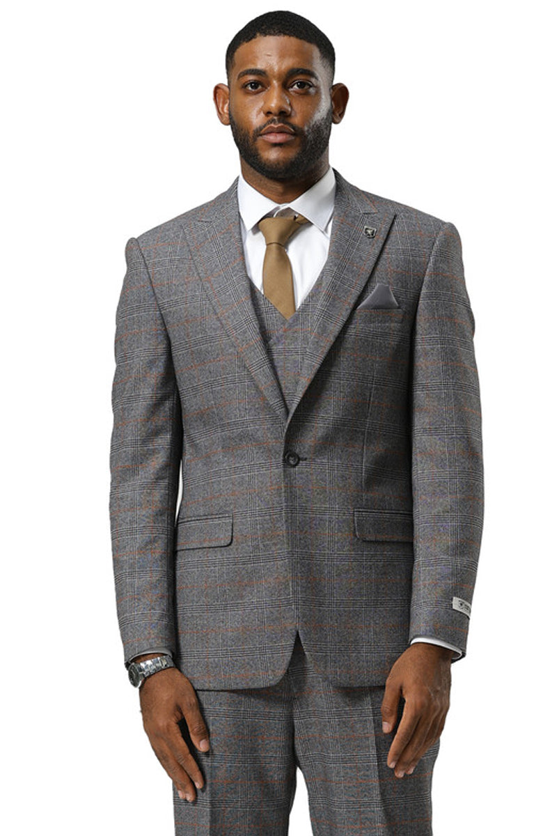 Stacy Adams men's grey glen plaid suit with peak lapels. Includes a double-breasted vest. Fabric has subtle orange & blue lines. Tailored jacket, structured fit, and flap pockets.
