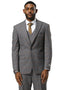 Stacy Adams men's grey glen plaid suit with peak lapels. Includes a double-breasted vest. Fabric has subtle orange & blue lines. Tailored jacket, structured fit, and flap pockets.
