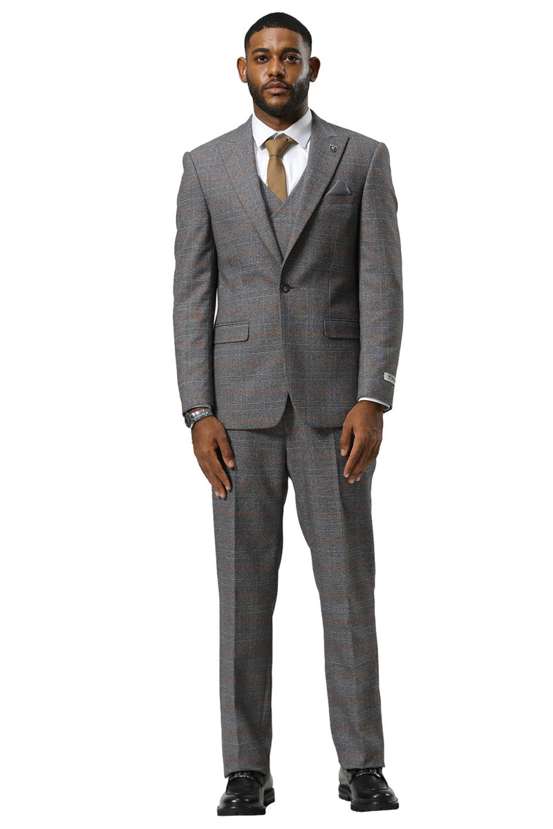Stacy Adams men's suit: One-button peak lapel, fitted, grey glen plaid. Includes a double-breasted vest. Matching tailored trousers complete the look.
