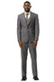 Stacy Adams men's suit: One-button peak lapel, fitted, grey glen plaid. Includes a double-breasted vest. Matching tailored trousers complete the look.
