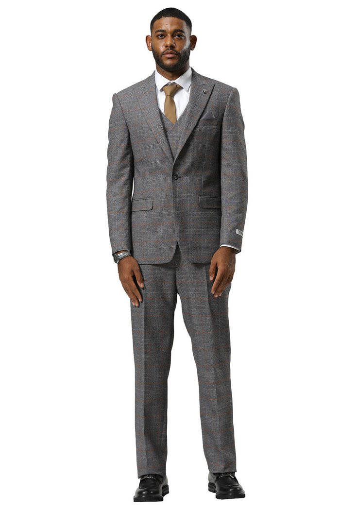 Stacy Adams men's suit: One-button peak lapel, fitted, grey glen plaid. Includes a double-breasted vest. Matching tailored trousers complete the look.
