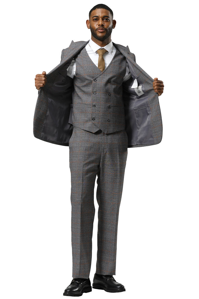 Men's Stacy Adams suit: Grey glen plaid with a double-breasted vest. Fitted, tailored silhouette. Features a one-button peak lapel jacket, various grey shades, and brown accents in the plaid. Includes matching tailored trousers.
