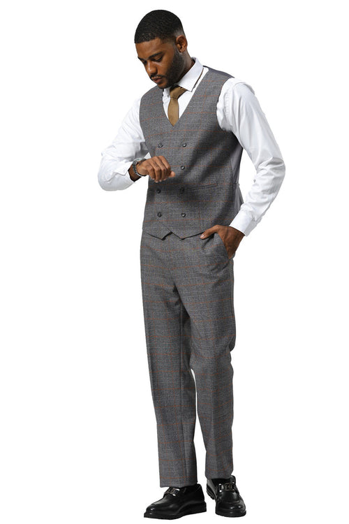 Stacy Adams men's grey glen plaid suit with a peak lapel and double-breasted vest. Features orange and blue accents in the pattern. Includes tailored trousers for a structured, formal look.
