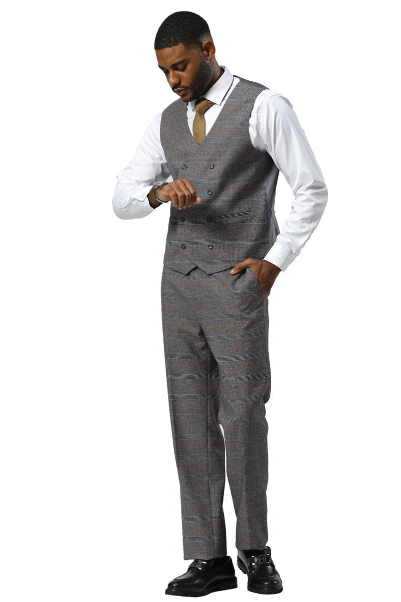 Stacy Adams men's grey glen plaid suit with a peak lapel and double-breasted vest. Features orange and blue accents in the pattern. Includes tailored trousers for a structured, formal look.

