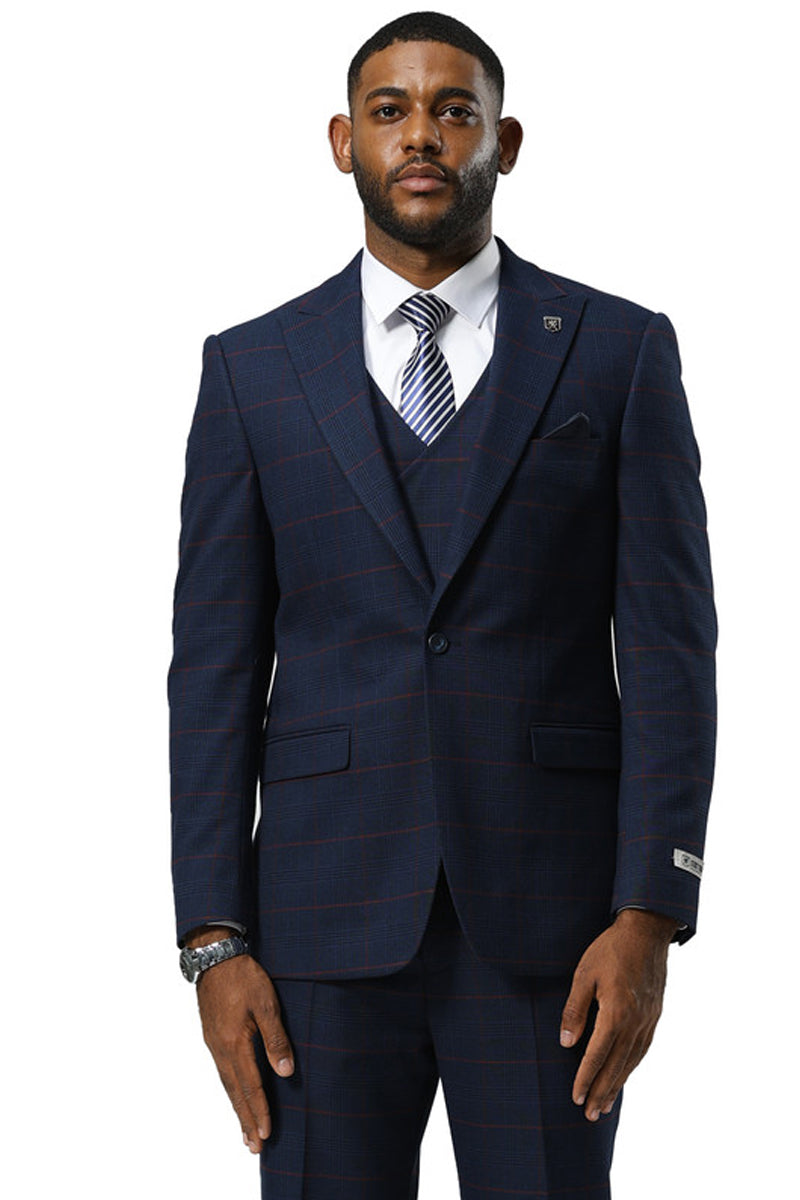 Stacy Adams men's navy glen plaid suit. Features: one-button peak lapel jacket, double-breasted vest. Structured silhouette. White shirt & striped tie. Smooth fabric, navy with plaid accents.
