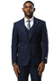 Stacy Adams men's navy glen plaid suit. Features: one-button peak lapel jacket, double-breasted vest. Structured silhouette. White shirt & striped tie. Smooth fabric, navy with plaid accents.
