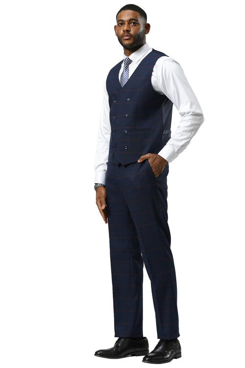 Stacy Adams men's navy glen plaid suit with peak lapel & matching trousers. Includes a double-breasted vest with button closures & side pockets. Tailored fit for a sophisticated look.
